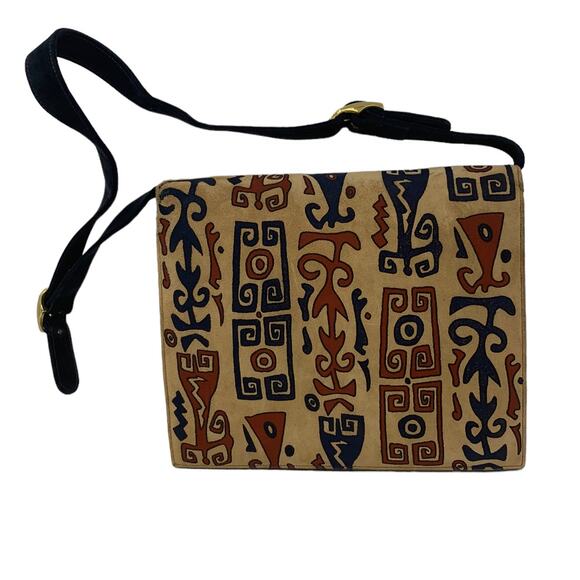 Saks Fifth Avenue Black Multicolor Suede Print Buckle Closure Purse - Picture 3 of 14